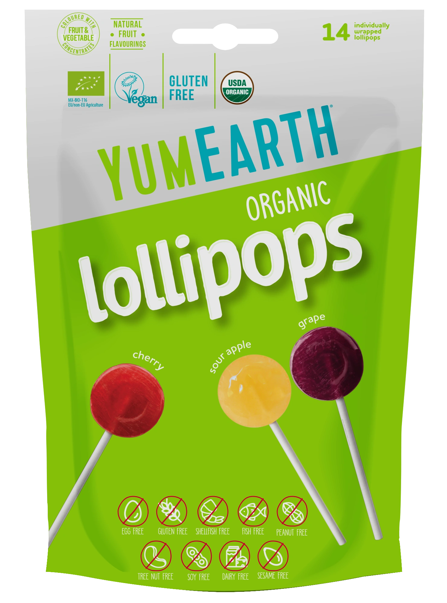 YumEarth Apple, Cherry & Grape Pops – 14 lollipops